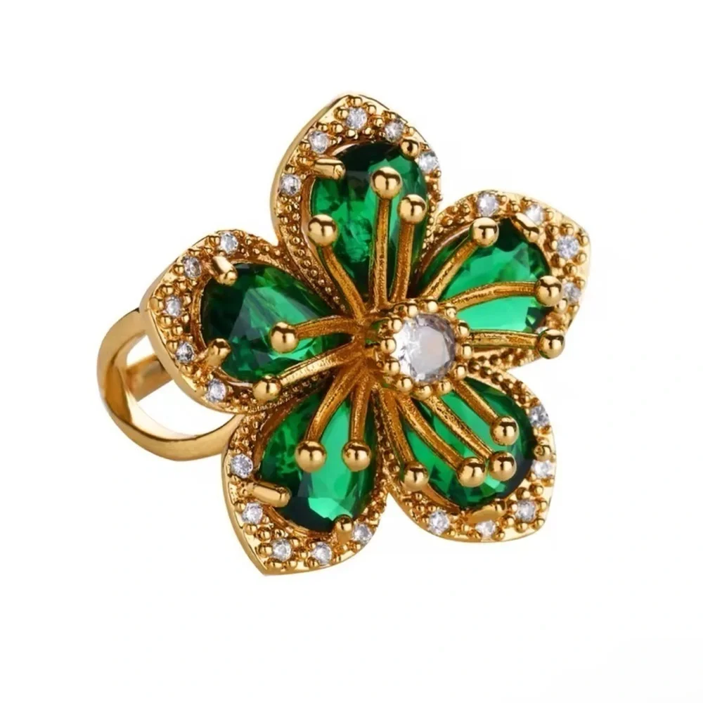 Anthropologie Blossom Gold Green Floral Stainless Steel Crystal Adjustable Ring